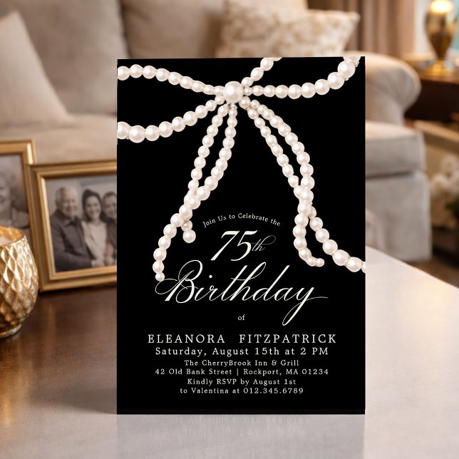 Invitación Fiesta de cumpleaños 75 negro blanco Coquette lazo (Subido por el creador)