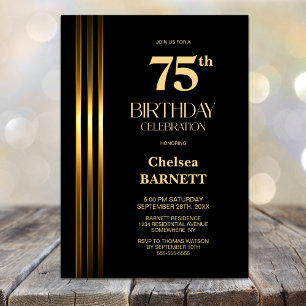 Invitación Fiesta de cumpleaños 75 negro con rayas doradas