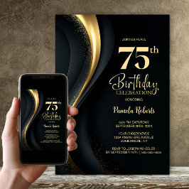 Invitación Fiesta de cumpleaños 75 negro y dorado