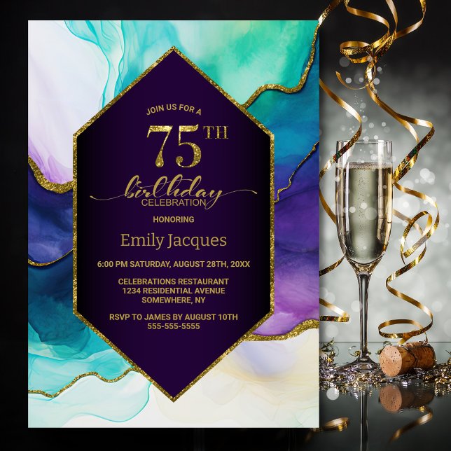 Invitación Fiesta de cumpleaños 75th Purple Gold Agate (Subido por el creador)
