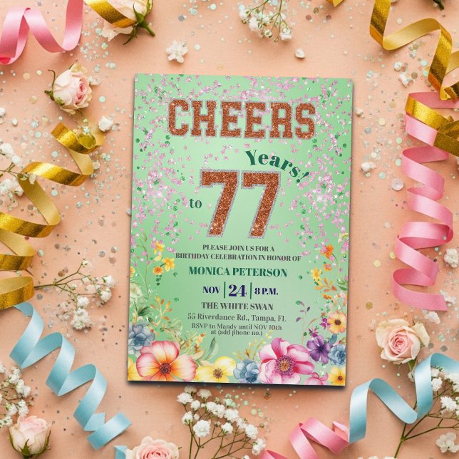 Invitación Fiesta de cumpleaños 77 con flores brillantes esme (Subido por el creador)