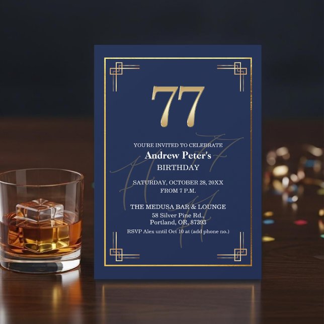 Invitación Fiesta de cumpleaños 77 Elegante Azul Oro (Subido por el creador)