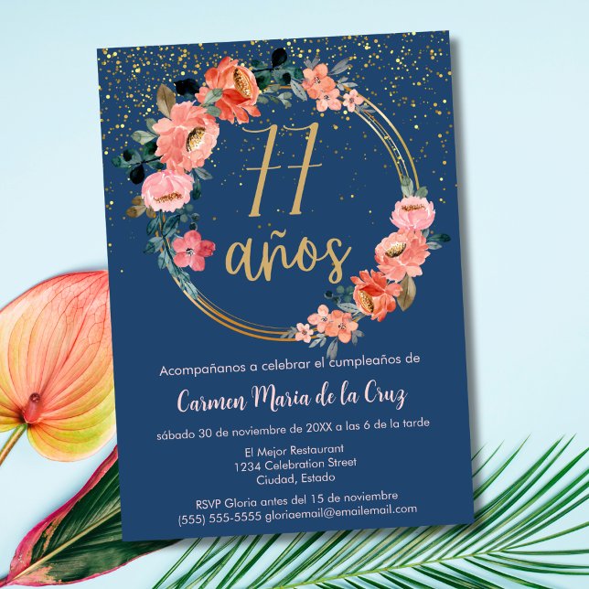 Invitación Fiesta de Cumpleaños 77 Elegante Chic Floral Españ (Subido por el creador)