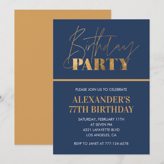 Invitación Fiesta de cumpleaños 77 moderna chic dorada azul m (Anverso / Reverso)