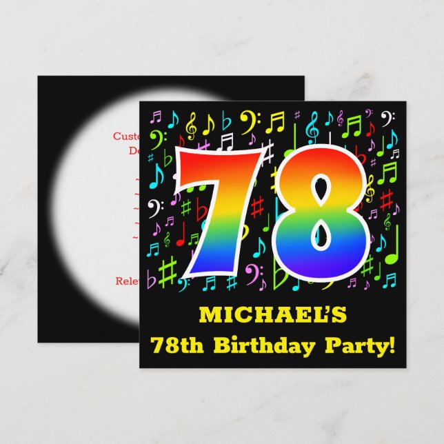 Invitación Fiesta de cumpleaños 78: Símbolos musicales divert (Anverso / Reverso)