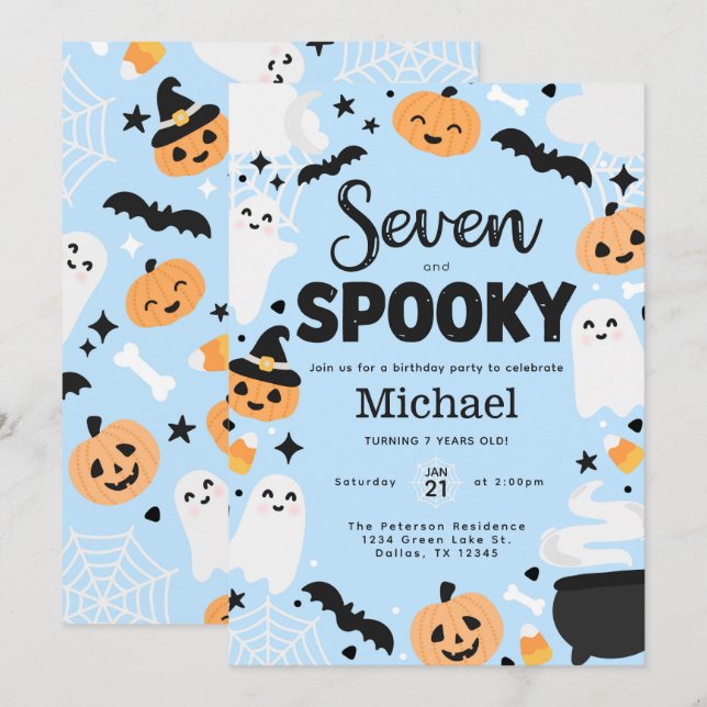 Invitación Fiesta de cumpleaños 7 de Halloween Cute Ghost (Anverso / Reverso)