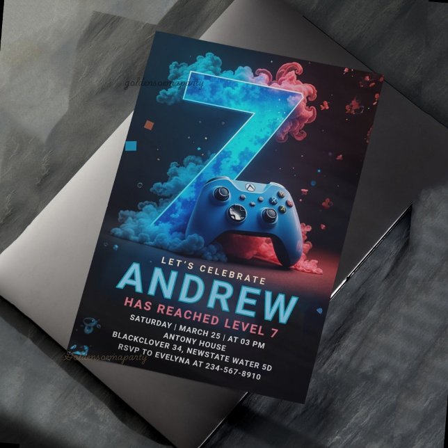 Invitación Fiesta de cumpleaños 7 de videojuegos (Video Game 7th Birthday Party Invitation
)