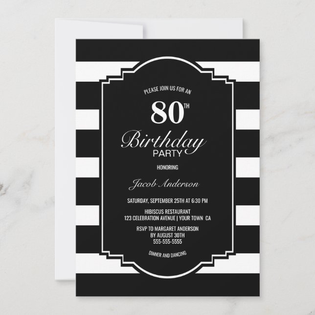 Invitación Fiesta de cumpleaños 80 a rayas negras y blancas (Anverso)
