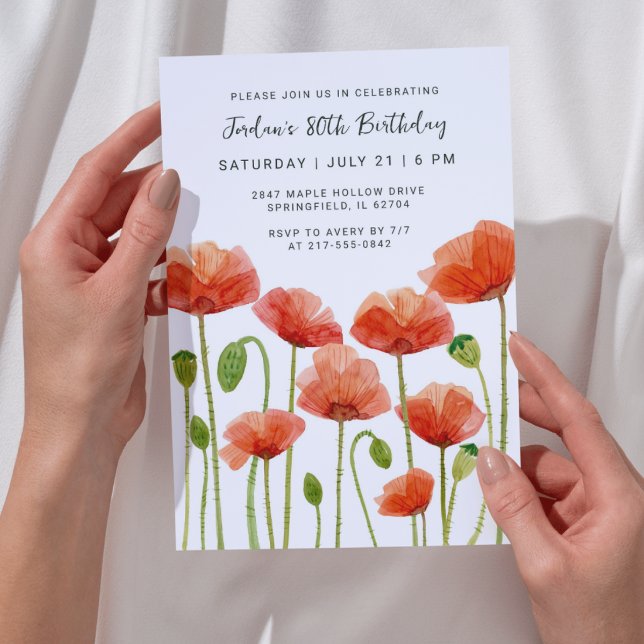 Invitación Fiesta de Cumpleaños 80 Años Amapolas Acuarela Chi (Front + back poppy design for a polished look. Edit for any age.
)