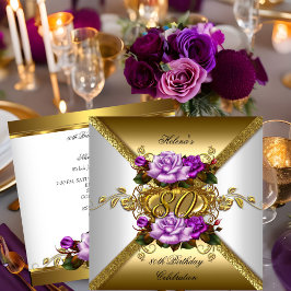 Invitación Fiesta de Cumpleaños 80 Años Elegantes Rosas Purpu