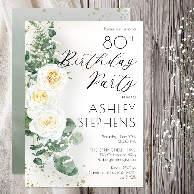 Invitación Fiesta de Cumpleaños 80 Boho Rosas Blancas Eucalip (80th Birthday Party Elegant White Rose Eucalyptus Floral --Print | Digital Download)