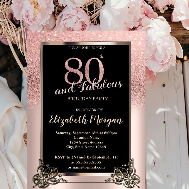 Invitación Fiesta de cumpleaños 80 Chic Rosa Dorado Glitter O (Subido por el creador)
