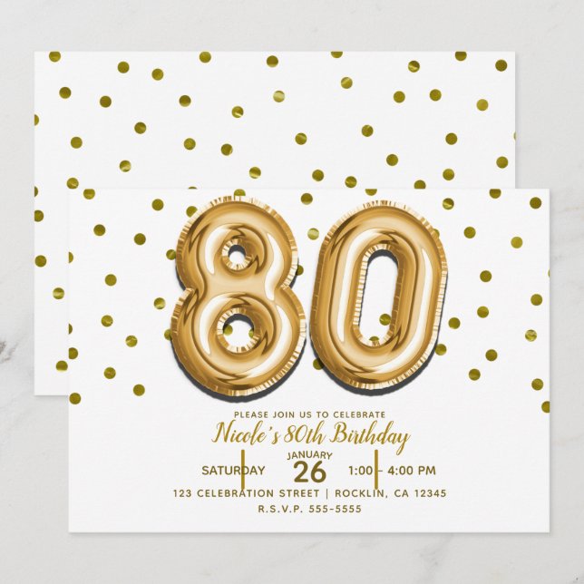 Invitación Fiesta de cumpleaños 80 con 80 globos de oro y con (Anverso / Reverso)