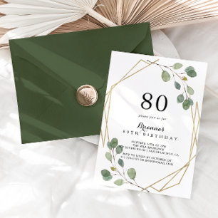 Invitación Fiesta de cumpleaños 80 con eucalipto verde geomét
