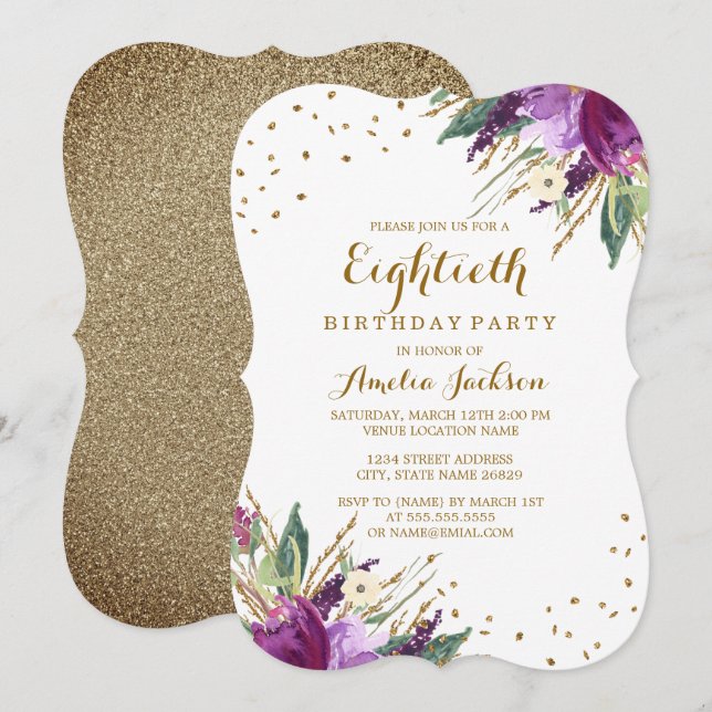 Invitación Fiesta de cumpleaños 80 con flores de oro púrpura  (Anverso / Reverso)