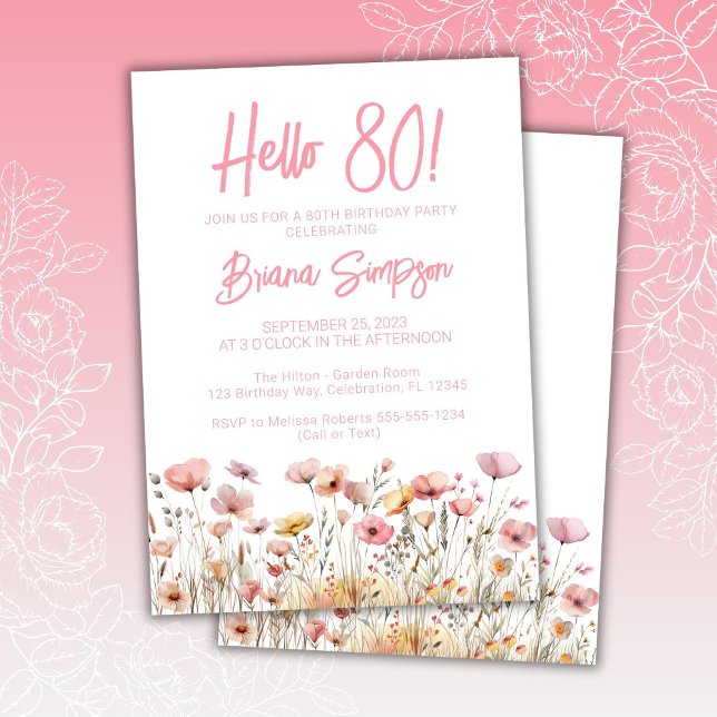 Invitación Fiesta de cumpleaños 80 con flores rosadas (Subido por el creador)