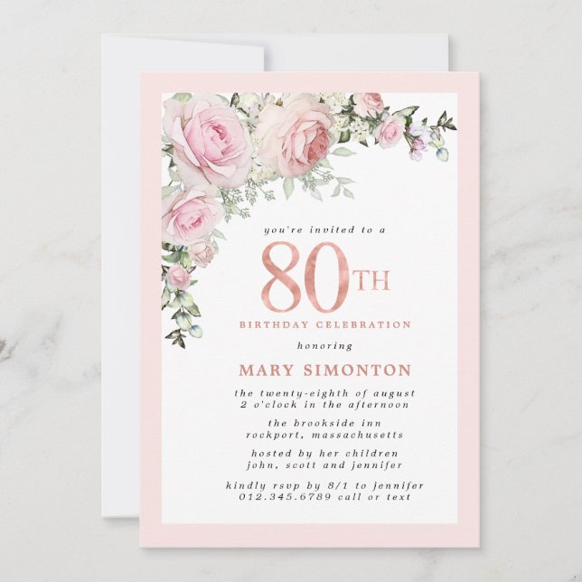 Invitación Fiesta de Cumpleaños 80 con Flores Rosadas y Dorad (Anverso)
