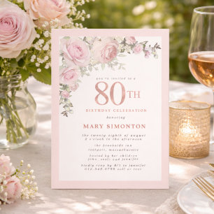 Invitación Fiesta de Cumpleaños 80 con Flores Rosadas y Dorad