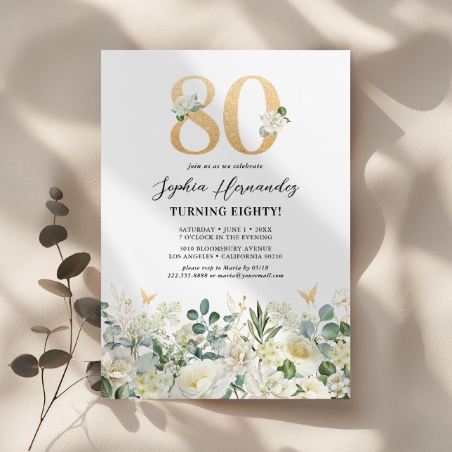 Invitación Fiesta de cumpleaños 80 con flores verdes y blanca (Subido por el creador)