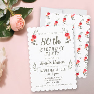 Invitación Fiesta de cumpleaños 80 con ramo floral de rosa ac