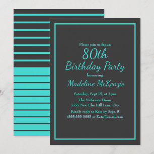 Invitación Fiesta de cumpleaños 80 con rayas de turquesa negr