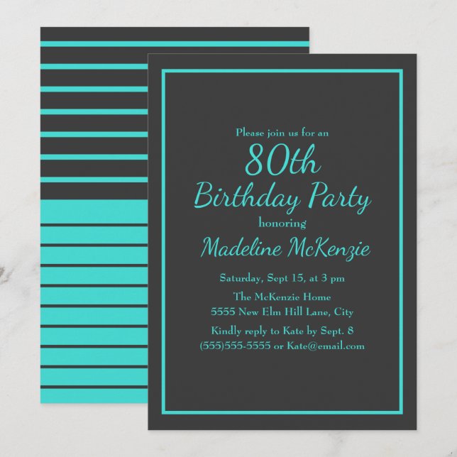 Invitación Fiesta de cumpleaños 80 con rayas de turquesa negr (Anverso / Reverso)