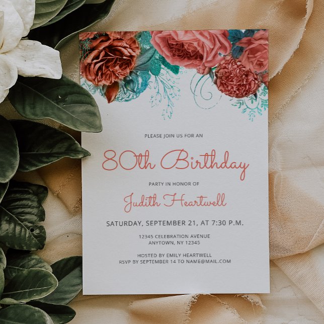 Invitación Fiesta de cumpleaños 80 Coral Azul Turquesa Floral (Subido por el creador)