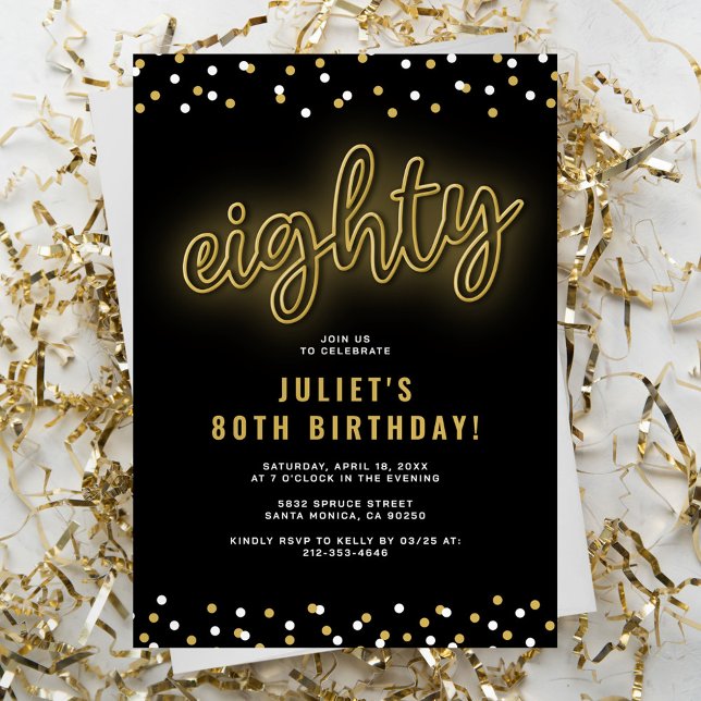 Invitación Fiesta de cumpleaños 80 de Adult Gold Neon (Subido por el creador)