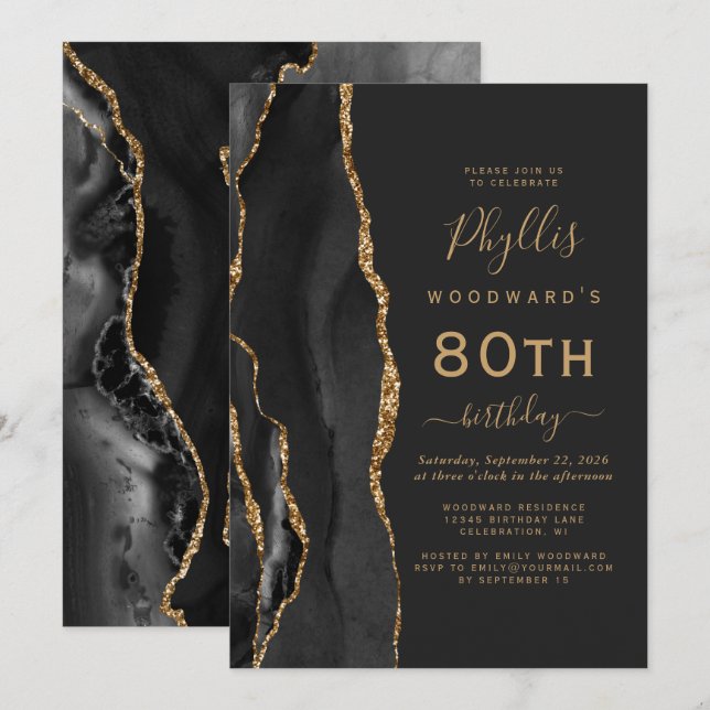 Invitación Fiesta de Cumpleaños 80 de Ágata Oro Negro Oscuro (Anverso / Reverso)
