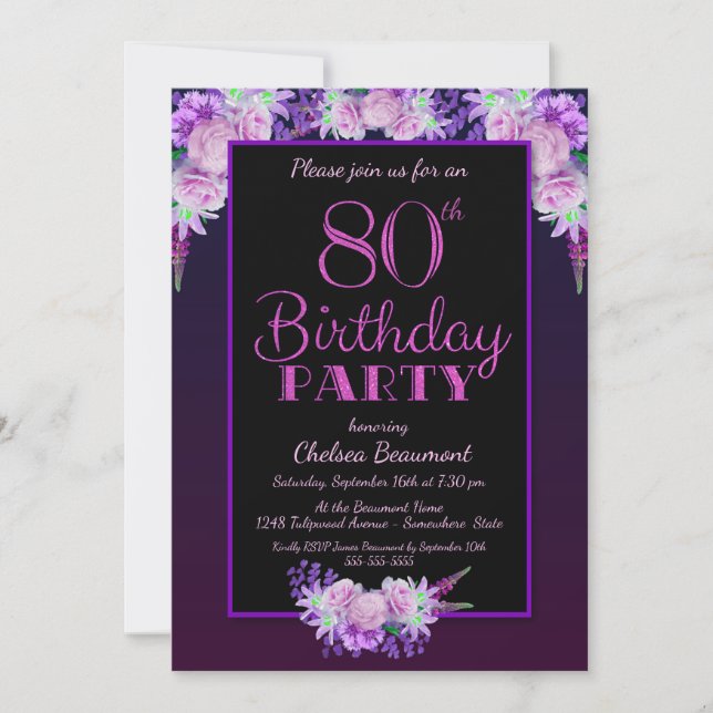 Invitación Fiesta de cumpleaños 80 de Black and Purple Floral (Anverso)