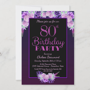 Invitación Fiesta de cumpleaños 80 de Black and Purple Floral