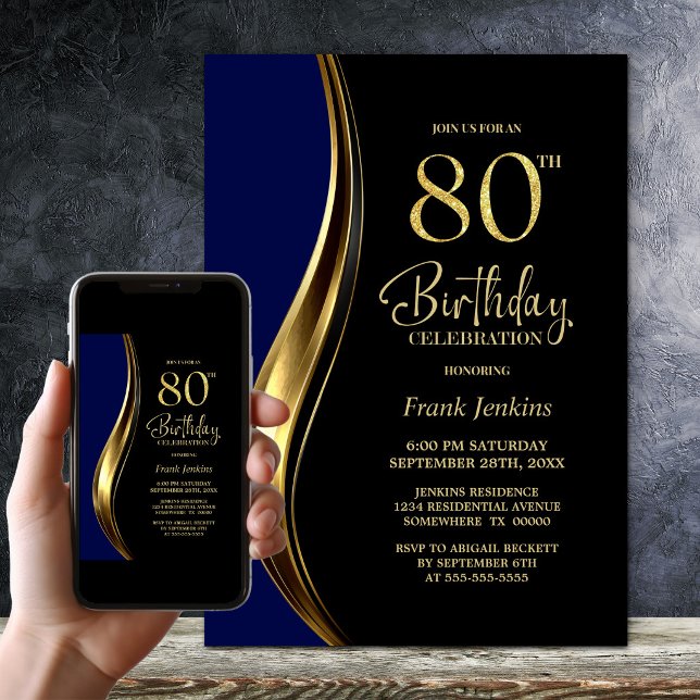 Invitación Fiesta de Cumpleaños 80 de Black Gold Blue (Subido por el creador)