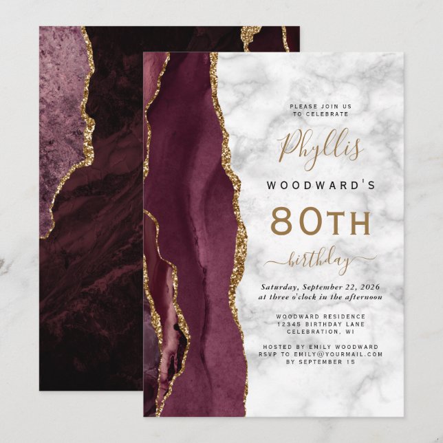 Invitación Fiesta de cumpleaños 80 de Burgundy Gold Agate Mar (Anverso / Reverso)