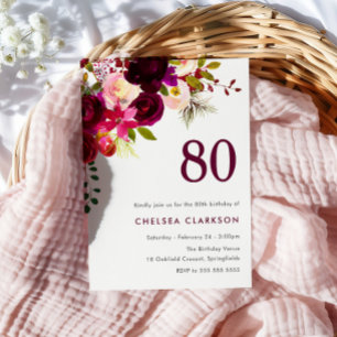 Invitación Fiesta de cumpleaños 80 de Burgundy Red Boho Flora