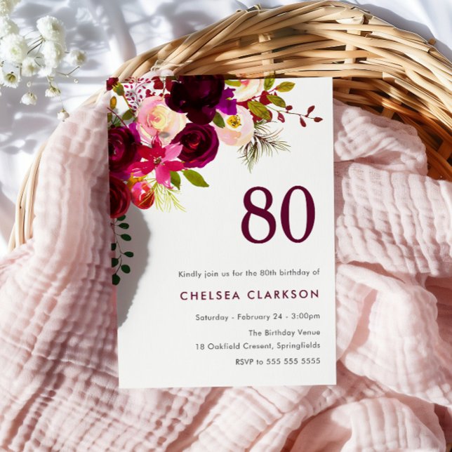 Invitación Fiesta de cumpleaños 80 de Burgundy Red Boho Flora (Subido por el creador)
