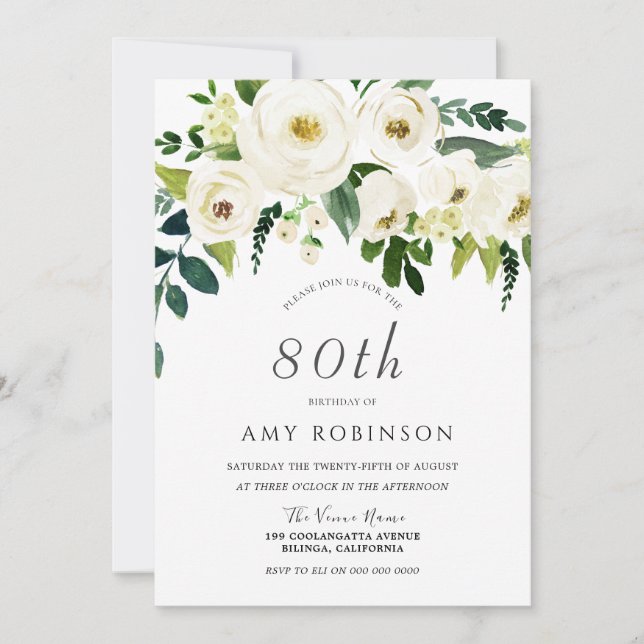 Invitación Fiesta de cumpleaños 80 de Champagne White Floral  (Anverso)