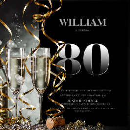 Invitación Fiesta de cumpleaños 80 de color negro y plata min