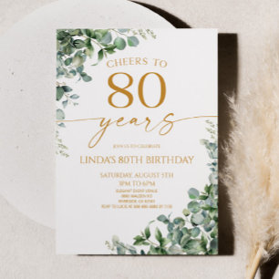 Invitación Fiesta de cumpleaños 80 de Eucalipto Verde Dorado