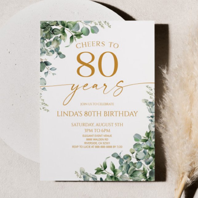 Invitación Fiesta de cumpleaños 80 de Eucalipto Verde Dorado (Subido por el creador)