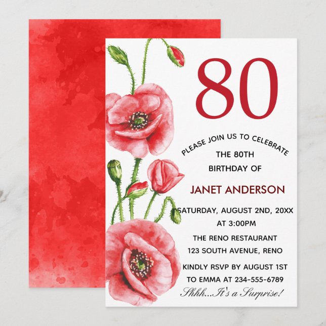 Invitación Fiesta de cumpleaños 80 de Flanders Poppy Watercol (Anverso / Reverso)