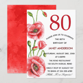 Invitación Fiesta de cumpleaños 80 de Flanders Poppy Watercol