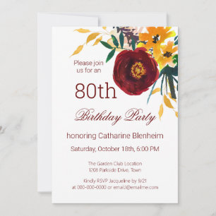 Invitación Fiesta de cumpleaños 80 de Floral de color rojo +