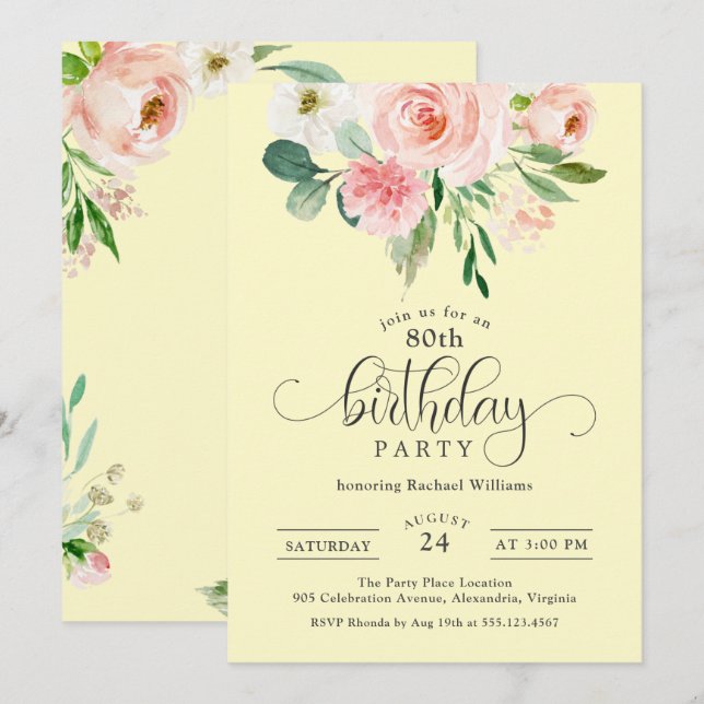 Invitación Fiesta de cumpleaños 80 de Floral rosa y amarilla (Anverso / Reverso)