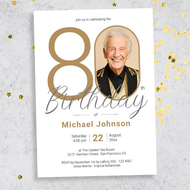 Invitación Fiesta de cumpleaños 80 de Gold Elegant Photo (Mockup View)