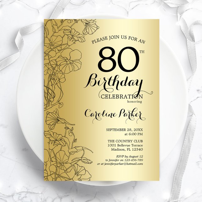 Invitación Fiesta de cumpleaños 80 de Gold Floral (Subido por el creador)
