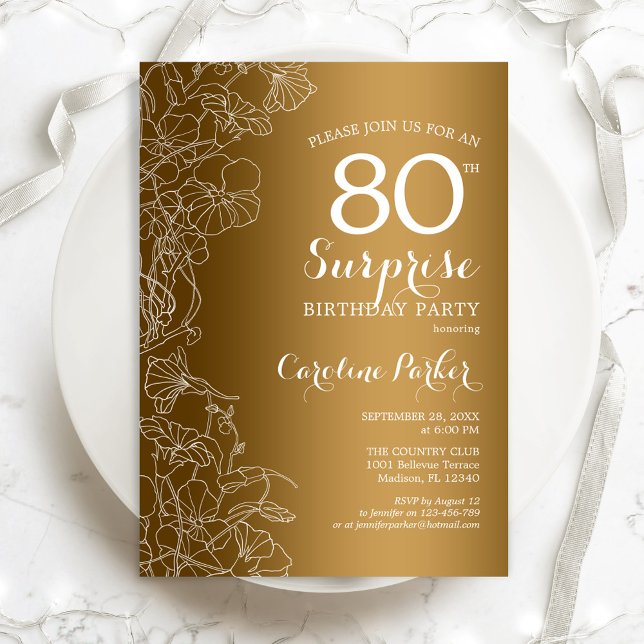 Invitación Fiesta de cumpleaños 80 de Gold Floral Surprise (Subido por el creador)
