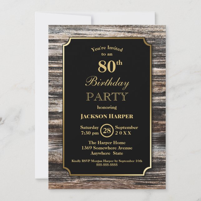 Invitación Fiesta de cumpleaños 80 de Gold Frame Wood (Anverso)