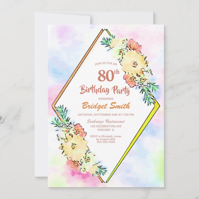 Invitación Fiesta de cumpleaños 80 de la floral amarilla geom (Anverso)
