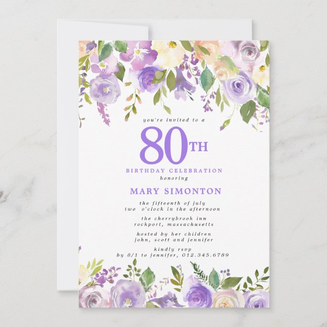 Invitación Fiesta de cumpleaños 80 de la Floral Púrpura (Anverso)