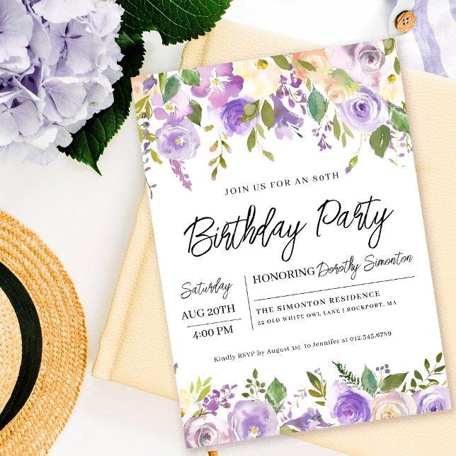 Invitación Fiesta de cumpleaños 80 de la Floral Púrpura (Matching party supplies and signs available. Message me for help to find them.)